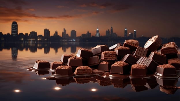 A pile of chocolate squares floating on a still pond at sunset, with a cityscape in the background. The image creates a romantic and luxurious atmosphere. A high-quality photo.