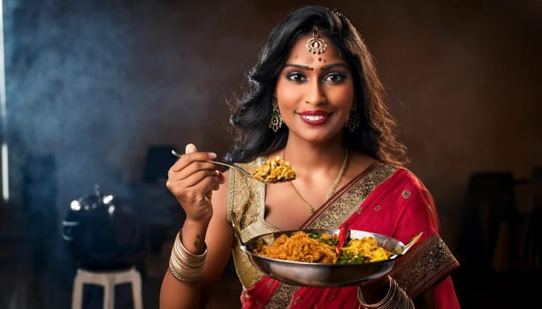 gorgeous young woman eating vegetarian indian food, AI generated image