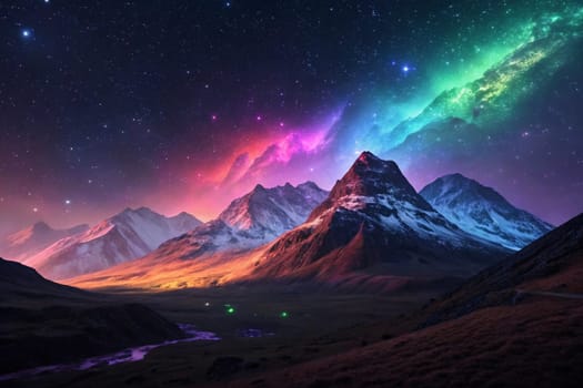 A breathtaking landscape of snow-capped mountains under a night sky with a vibrant aurora borealis. A high-quality photo.