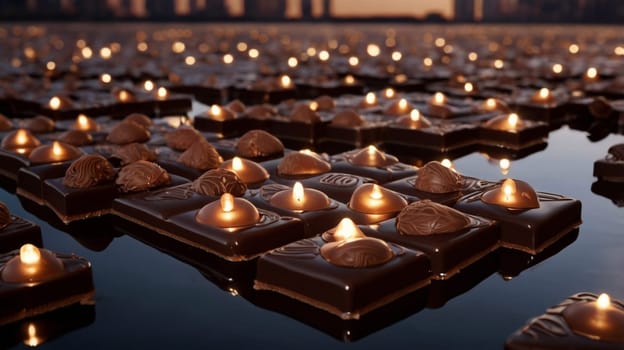 A field of chocolate squares with a single lit candle on each. The squares float on a dark surface, with a cityscape in the background. A high-quality photo.