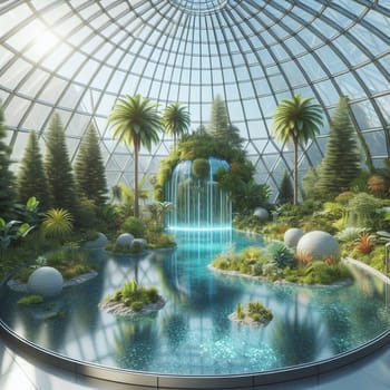 A futuristic scene of a biodome with a waterfall and various plants, representing a controlled environment for nature and technology. A high-quality photo.