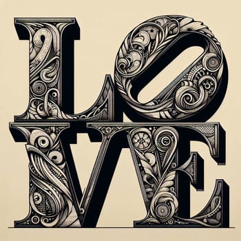 An artistic depiction of the word "LOVE"" with intricate, ornate designs incorporated into each letter. A high-quality photo."