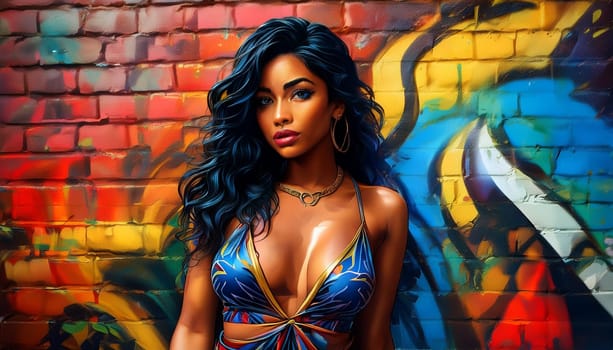 gorgeous young woman over graffiti wall, AI generated image