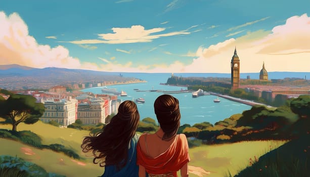 gorgeous young women looking at the city skyline from a hill, AI generated image