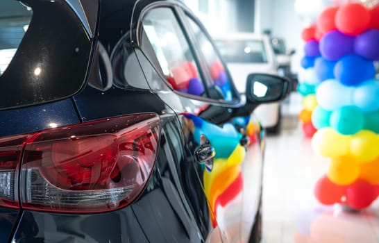Car parked in luxury showroom. Car dealership office. Car showroom business. New car parked in modern showroom. Auto for sale and rent business. Automobile leasing and insurance. Electric automobile.