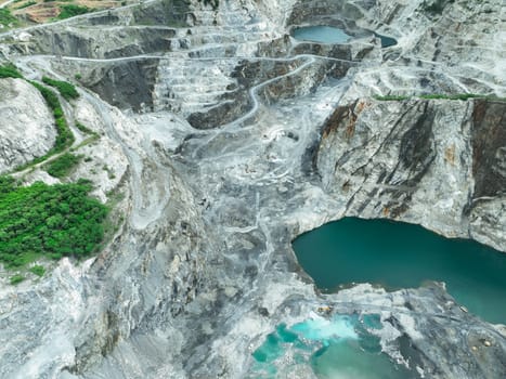 Open pit mine industry. Limestone quarry with backhoe and truck in operation. Heavy machinery in mining industry and construction material supply. Landscape of resource extraction in a industrial site