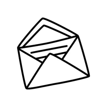 Doodle Open envelope with letter icon or logo, hand drawn with thin black line. Isolated on white background. Vector illustration