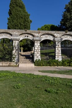 Decorative stone fence gardens at the Saint Euphemia Church, Rovinj, Croatia, Istria