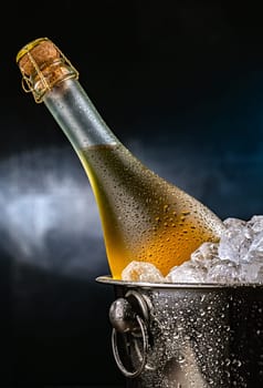 Bottle of sparkiling wine in bucket with crushed ice.