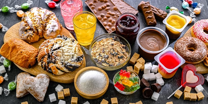 Food products containing a significant amount of sugar. Junk food.