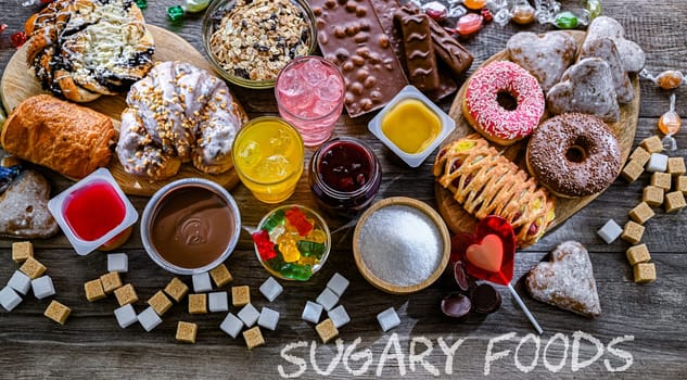 Food products containing a significant amount of sugar. Junk food.