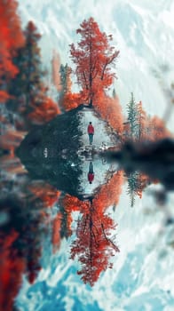 A person stands in front of a tree with a reflection of the person in the water. The image has a serene and peaceful mood