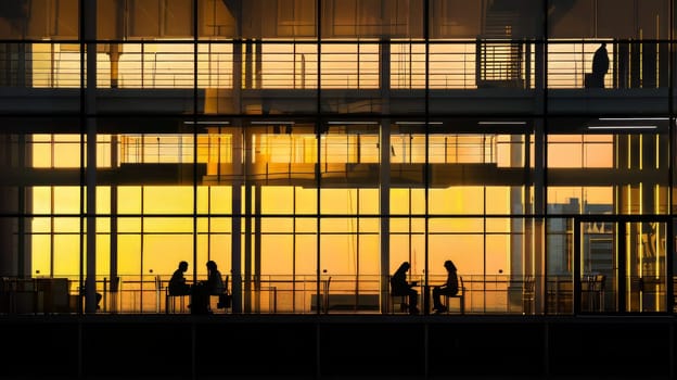 A group of people are sitting in a building with a view of the sunset. Scene is peaceful and serene, as the people are enjoying the view and the quiet atmosphere