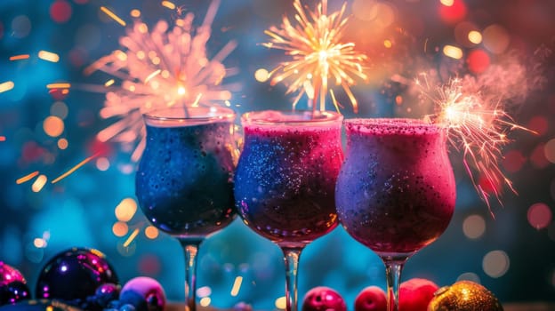 Bold silhouette of levitating glasses of blueberry smoothie with fireworks