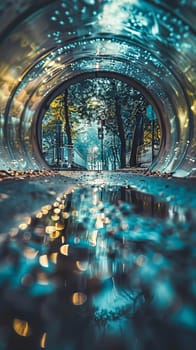 A blurry image of a tunnel with a reflection of trees and lights