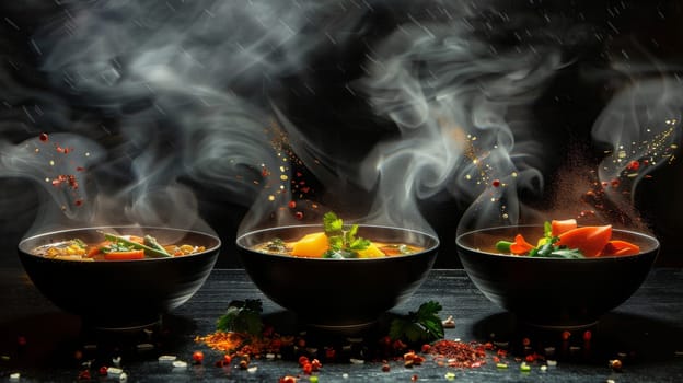 Bold silhouette of levitating bowls of steaming hot soup with garnishes