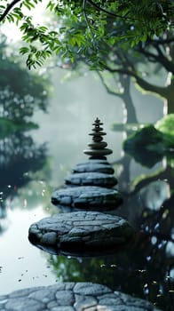 Calm waters reflect a peaceful meditation space