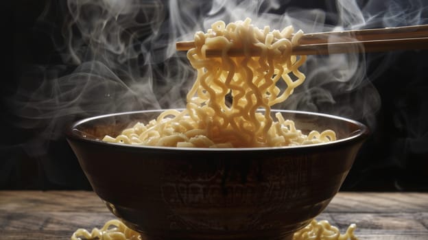 Bowl of steaming ramen noodles rotating