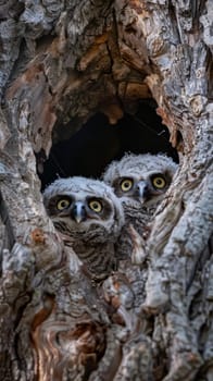 Bright-eyed baby owls peeking out from their nest in an old tree