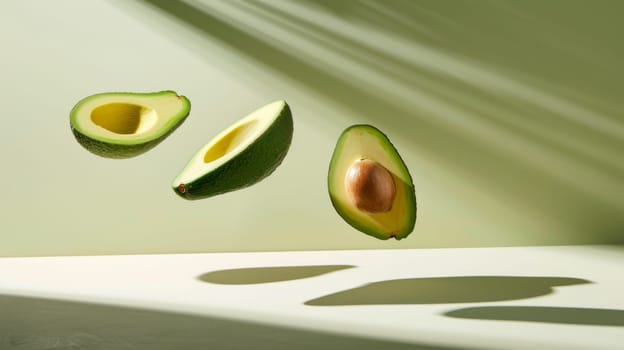 Chic and stylish composition with levitating avocado halves in copy space