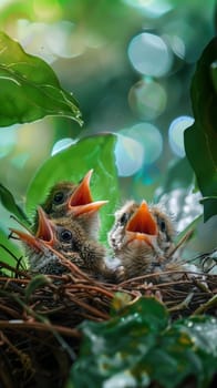 Chirpy baby birds chirping merrily in their nest, awaiting their next meal