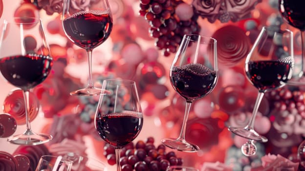 Boho-chic layout pattern of floating wine glasses in a bohemian arrangement