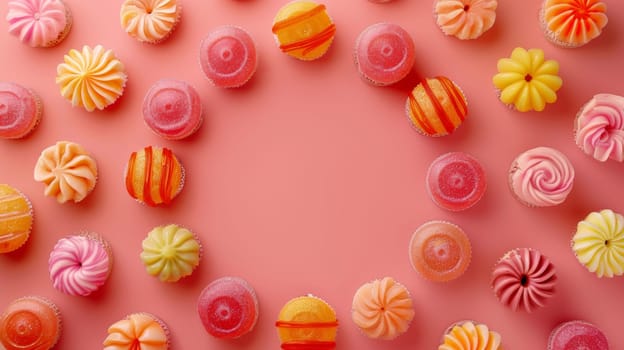 Circular layout of rotating candies forming a circular pattern