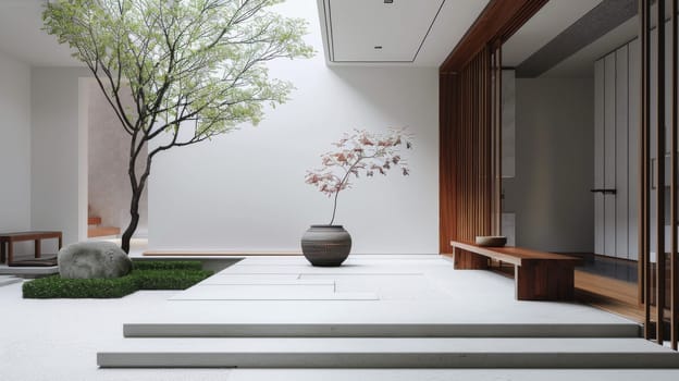 A white house with a tree in the courtyard. The tree is small and has a pot with a plant in it
