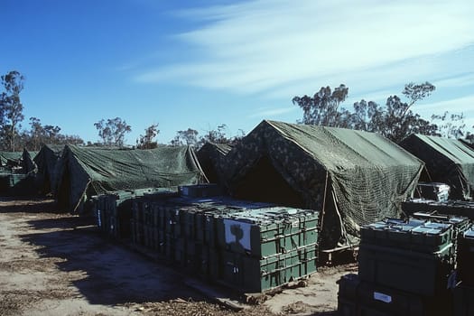 Camouflage tents and stacked crates under a blue sky, depicting a military supply station in the field.