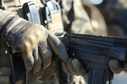 A close-up of a soldier's gloved hands holding a weapon, emphasizing readiness and strength.