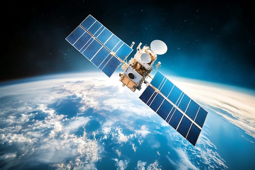 A satellite with solar panels orbits Earth, highlighting communication technology and space exploration.