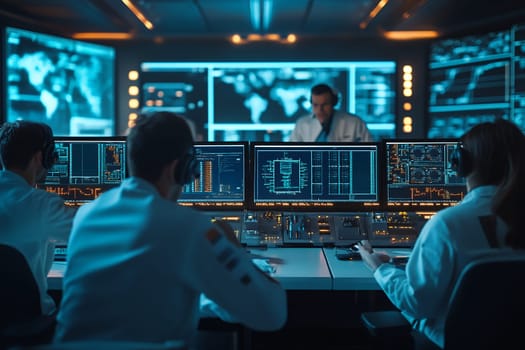 People in a control room with multiple monitors and digital interfaces, coordinating complex operations.
