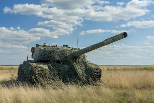 A military tank covered in camouflage netting sits in a vast field under a blue sky.