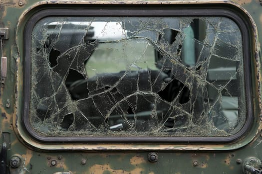 A close-up of a shattered window on a military vehicle, showing intricate patterns of broken glass.