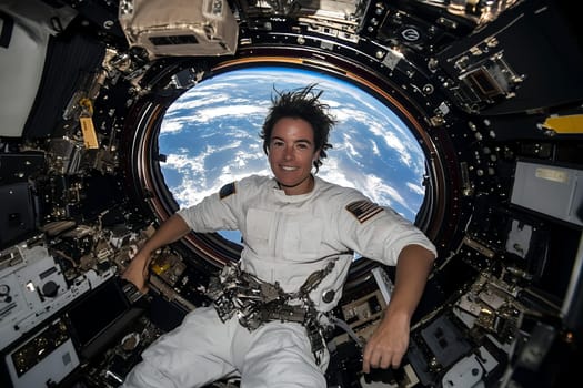 A smiling astronaut floats inside a space station with Earth visible through the window behind.