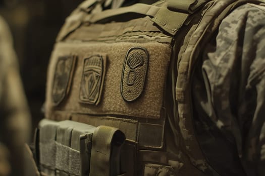 A close-up of a tactical military vest, displaying its design and utility in combat situations.