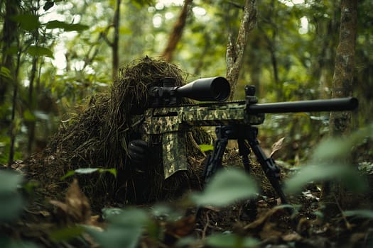 A sniper, hidden in jungle camouflage, aims through a scope in a dense forest setting.