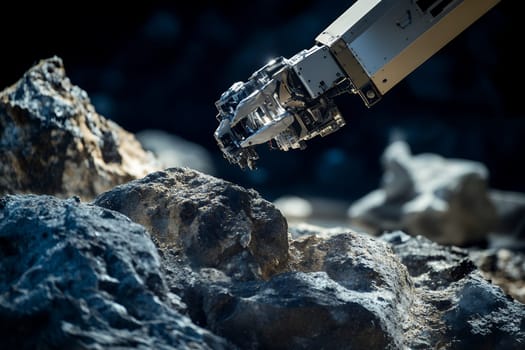 A robotic arm explores a rocky terrain, showcasing technological advancement in automation and robotics.