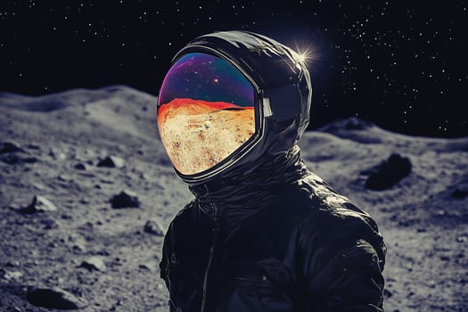 An astronaut stands on the lunar surface, with stars and the vastness of space reflected in the visor.