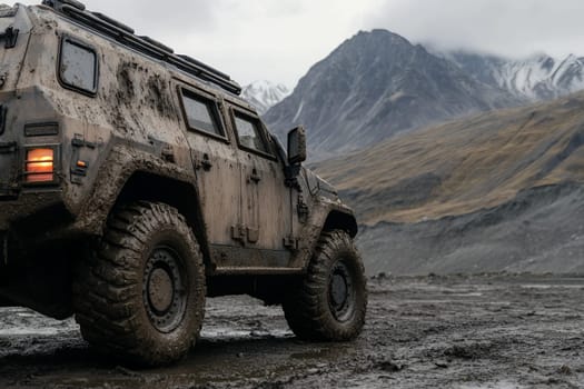A muddy off-road vehicle stands ready against a backdrop of rugged mountains and cloudy skies.