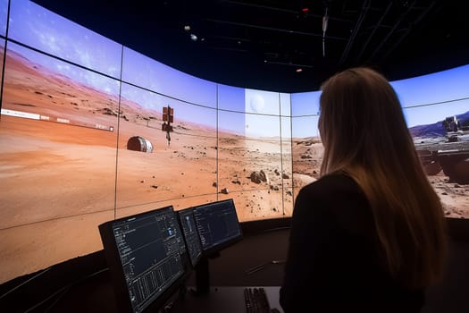 A woman stands in front of screens, exploring a virtual Mars environment, highlighting space exploration technology.