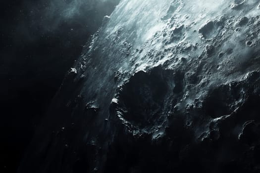 A detailed view of the moon's surface, highlighting craters and rugged terrain against the vastness of space.