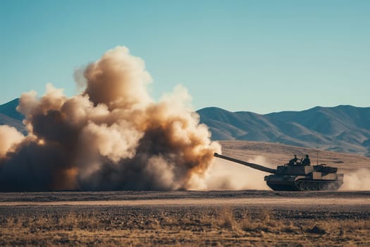 A tank fires, creating a massive dust cloud against a backdrop of mountains and blue sky.