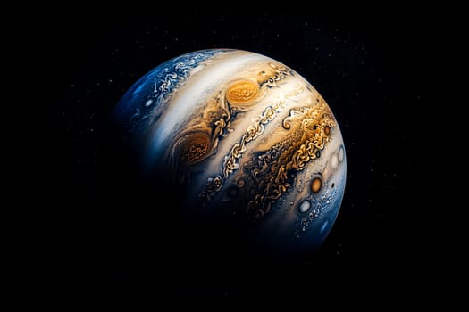 A vibrant depiction of Jupiter, showcasing its colorful swirling clouds and iconic Great Red Spot in space.