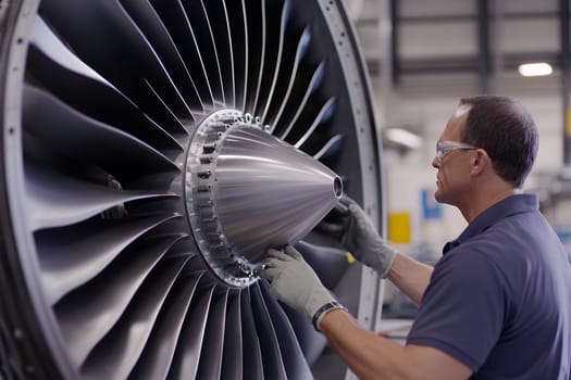 An engineer examines the intricate blades of a jet engine, showcasing precision and expertise in aviation.