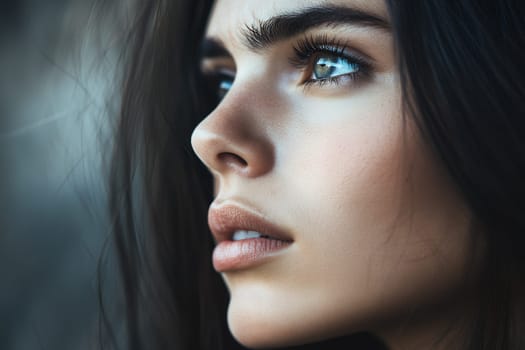 A side profile of a woman with long hair, capturing her serene expression and natural beauty.