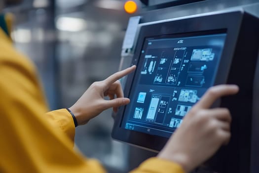 Close-up of hands interacting with a touchscreen interface in an industrial setting, emphasizing technology and innovation.