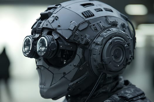 Close-up of a high-tech combat helmet with illuminated goggles, showcasing advanced military technology.
