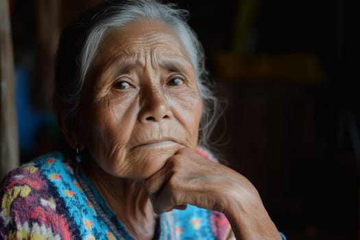 An elderly woman in colorful clothing, resting her chin on her hand, reflecting thoughtfully indoors.