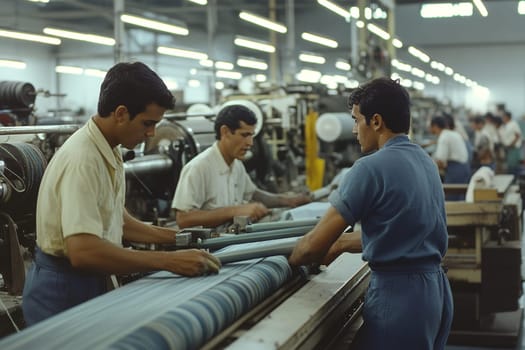 A group of workers operating machinery in a textile factory, focused on fabric production.